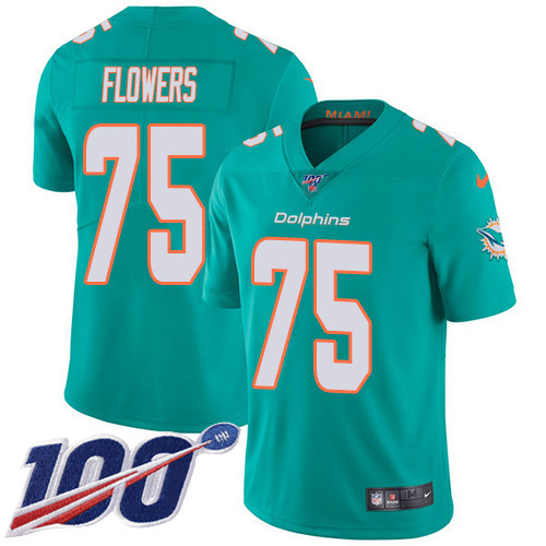 Nike Miami Dolphins #75 Ereck Flowers Aqua Green Team Color Youth Stitched NFL 100th Season Vapor Untouchable Limited Jersey->youth nfl jersey->Youth Jersey